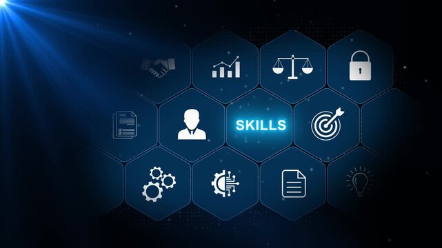 Skills development concept with employee training, management and business strategy icons arranged in a connected hexagonal interface on a dark blue technology background