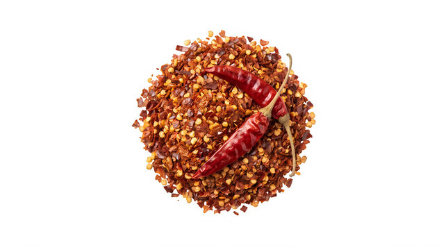 Spicy red chili flakes with whole dried peppers, crushed red pepper seasoning, hot organic spices for culinary cooking isolated on Transparent Background
