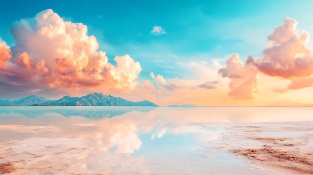 Serene natural landscape with vast salt flats reflecting colorful sky and distant mountain range at sunset