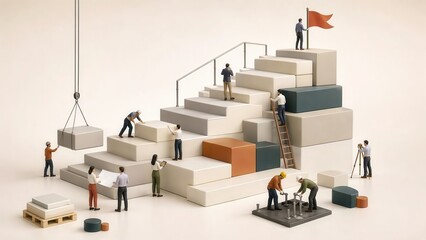 Fototapeta premium A group of workers diligently constructs a vibrant structure with colorful blocks, while others watch closely and transport materials within the bustling work area