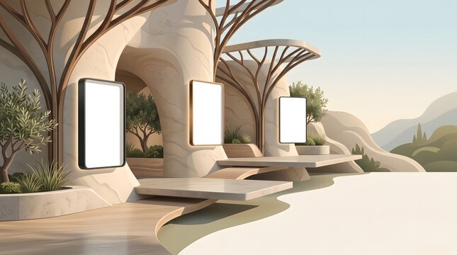 Blank billboard mockups on modern building. Outdoor advertising display in luxury resort.