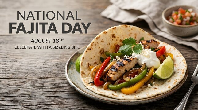 Delicious chicken fajitas on tortilla served on rustic wooden background