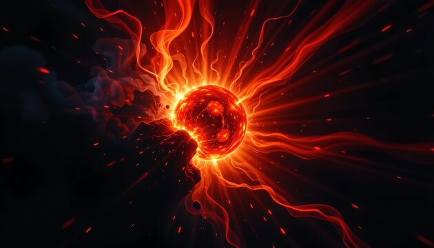 The image depicts a fiery, glowing sphere resembling a small planet or celestial body, engulfed in intense flames and energetic tendrils of bright red and orange