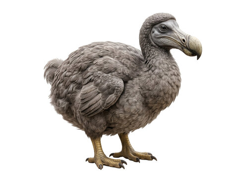  Dodo bird (Raphus cucullatus) standing upright in a natural three-quarter pose, plump rounded body covered with layered gray-brown feathers