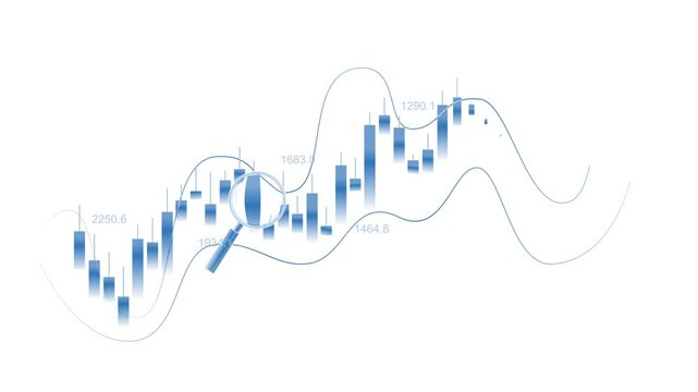 Candlestick chart with magnifying glass over market data, Financial chart with candlesticks curved lines and a magnifying glass rising market data animation