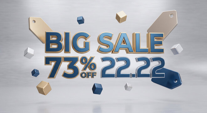 A three dimensional graphic displays big sale text with percentage discounts against a.