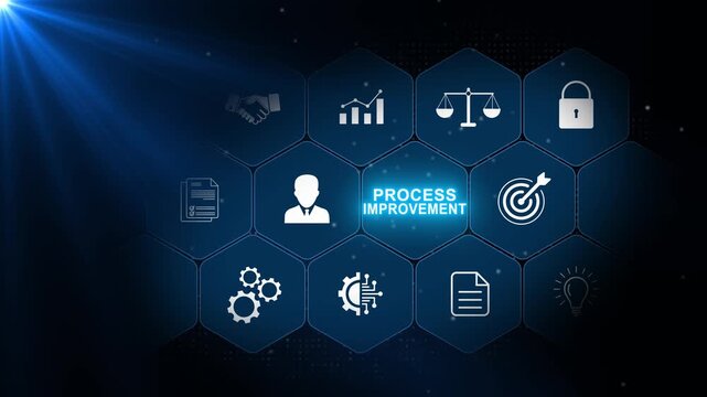 Process improvement concept with workflow, analytics and optimization symbols in luminous blue hexagonal panels on a dark business background
