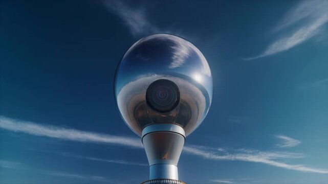 Modern surveillance camera rotating under clear blue sky with clouds