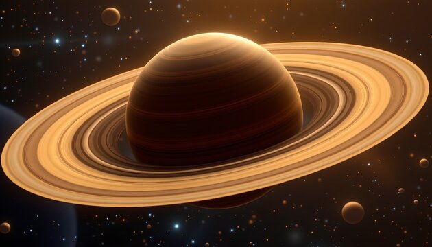 The image features a massive planet with prominent ring systems, dominating the scene with its detailed surface banding in warm, earthy tones