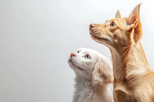 Close-up of two curious domestic cats looking up against plain light background, detailed portrait of feline friends
