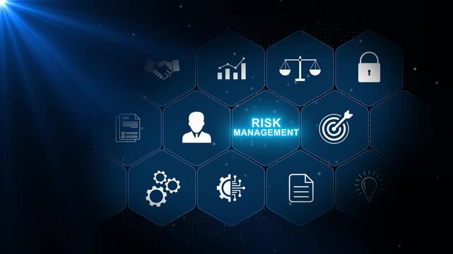 Risk management concept with security, analysis and planning icons inside glowing blue hexagonal panels on a dark professional digital background