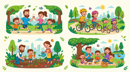 Naklejka premium Vector Illustration of Happy Family Spending Time Together in Nature Park