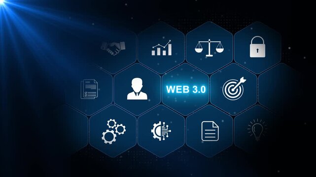 Web 3.0 concept featuring decentralized technology symbols, digital network icons and luminous blue hexagonal panels on a dark modern background
