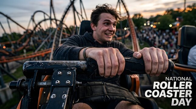 Excited young man riding roller coaster at amusement park during sunset
