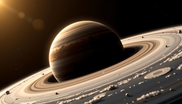 The image depicts a massive gas giant planet with distinct bands of clouds and atmospheric patterns, partially illuminated by a distant star