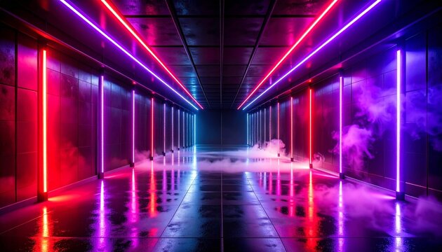 Extremely dark futuristic corridor at midnight illuminated only by sparse red and violet neon accents