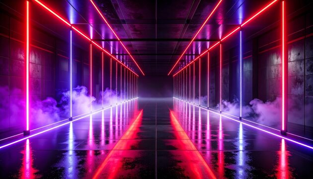 Extremely dark futuristic corridor at midnight illuminated only by sparse red and violet neon accents