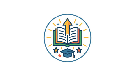 Obraz premium Education Growth Icon: Open Book, Graduation Cap, Upward Arrow, Stars - Isolated on Transparent Background