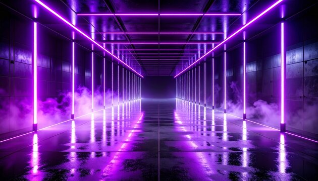 Mysterious futuristic corridor with intense ultraviolet purple neon lights against a deep dark background