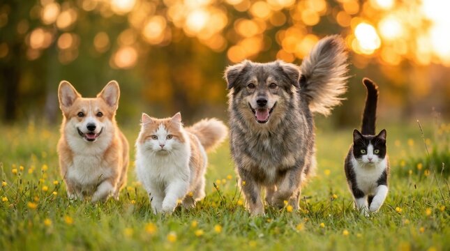 Four adorable pets including dogs and cats running together in a grassy field at sunset.