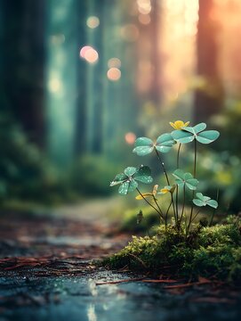 Lush Green Plants with Dewdrops in a Serene Forest Setting at Sunrise, Soft Light and Vibrant Atmosphere