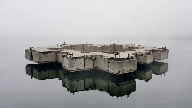 aerial view of industrial barge floating on calm water timelapse
