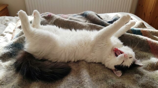 Funny cat sleeping on its back with paws in the air.