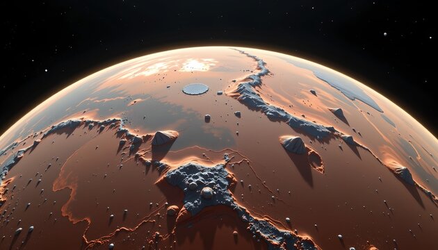The image depicts a distant view of a planetary surface from space, featuring a reddish brown terrain scattered with numerous impact craters and rugged mountain ranges