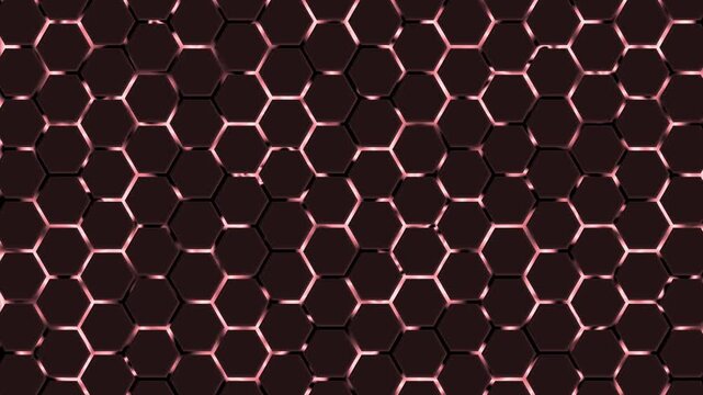Hexagonal tiles with glossy highlights and shadowed edges, Dark hexagonal honeycomb pattern background animation