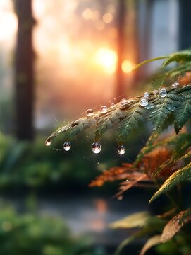 Morning Dew on Fern Leaves in Lush Forest with Soft Sunrise Light and Sparkling Waterdrops