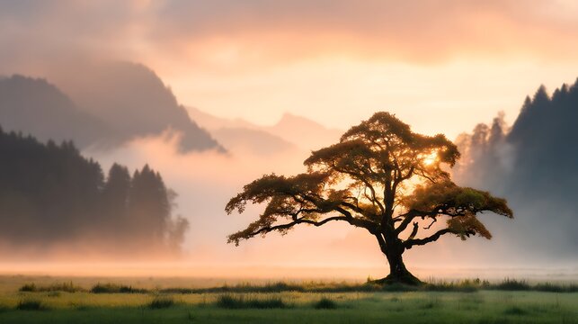 Serene Sunset Over Majestic Tree in Lush Mountain Landscape with Misty Background Atmosphere