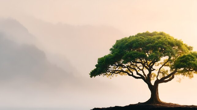 Serene Solitary Tree in Misty Landscape with Mountains and Soft Sunrise Glow