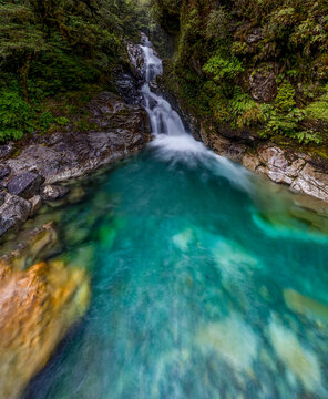Christie Falls, kaskadenartiger Wasserfall stuerzt in tuerkisfarbenen Gumpen, umrahmt von bemoosten Felsen und dichtem Regenwald, Fiordland National Park, Southland, Suedinsel, Neuseeland