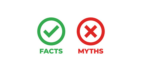 Facts and myths comparison signs with green checkmark and red cross symbols for information verification. © Saba