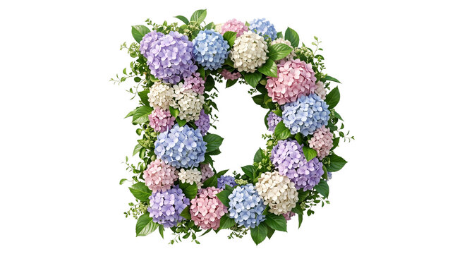Floral letter D made of hydrangea flowers, botanical alphabet character with pink and blue blossoms, spring garden typography on white background