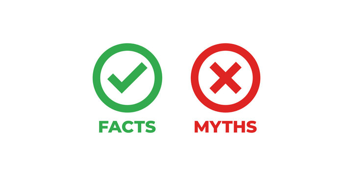 Facts and myths comparison signs with green checkmark and red cross symbols for information verification.