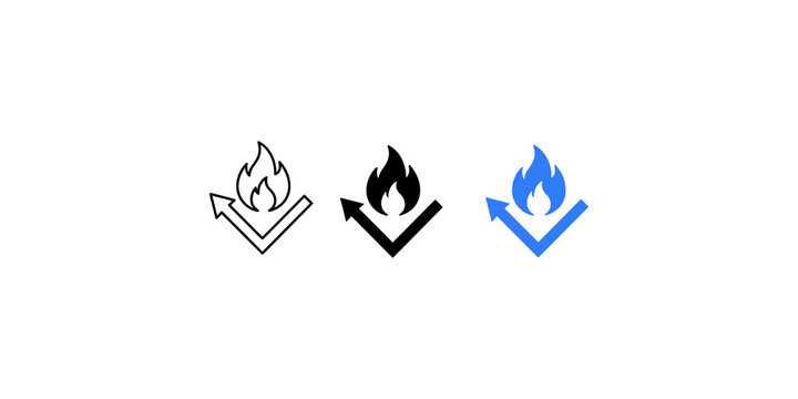 Flame resistant icon with upward arrow showing fire resistance protection in black and blue colors.