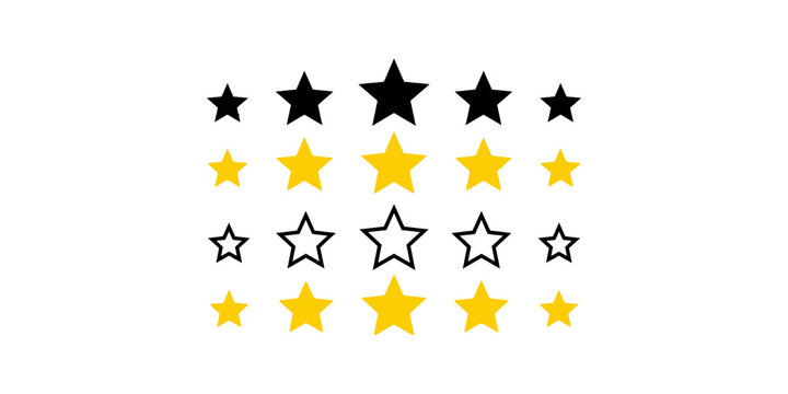 Set of five star ratings in black and yellow colors for user feedback and scoring.