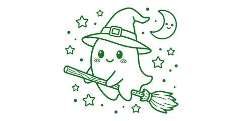 Cute green cartoon ghost witch flying on broom with stars and moon for halloween.