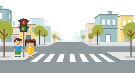 Naklejka premium Children at crosswalk with traffic light, traffic safety, city street illustration