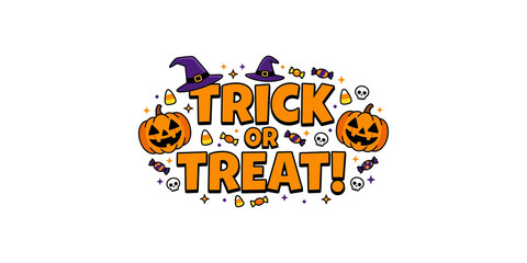 Halloween trick or treat text with pumpkins and candy, depicting festive holiday greeting.