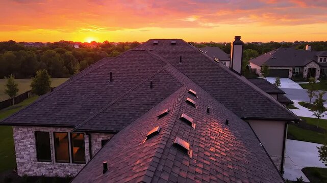 Sunset view over modern suburban homes with shingled roofs and lush green surroundings