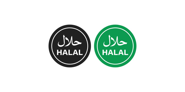Two halal food badges black and green with arabic text, representing dietary standards for muslim consumers.