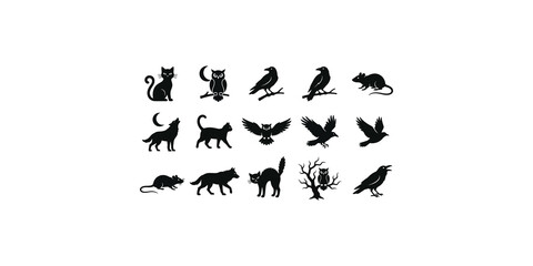 Fototapeta premium Halloween animals including cats crows owls and rats for spooky scenes.