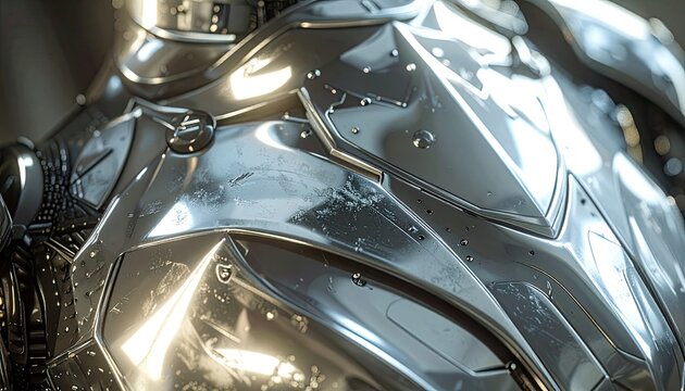 Close-up view of a highly detailed, futuristic silver metallic armor.