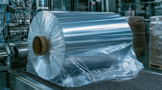 Large roll of raw shiny aluminum foil wrapped in clear plastic installed on automatic packaging production line inside modern industrial manufacturing factory