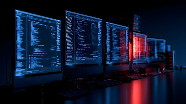 Desktop Computer Screens Show Coding Language User Interface. Program Development, Code, web programming concept. 3d rendering Stock Illustration