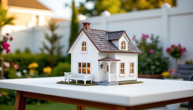 The image features a detailed miniature model of a house placed on a white table outdoors