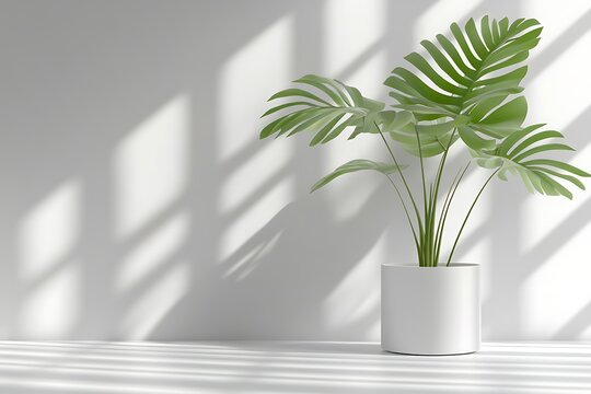 Fresh Green Monstera Plant in Minimalist Pot Casting Shadows on Clean White Wall
