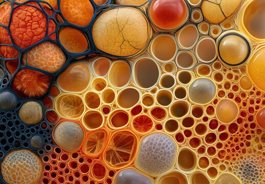 Abstract organic warm orange cellular network texture made of interconnected rounded cells shows microscopic biological inspired decorative pattern